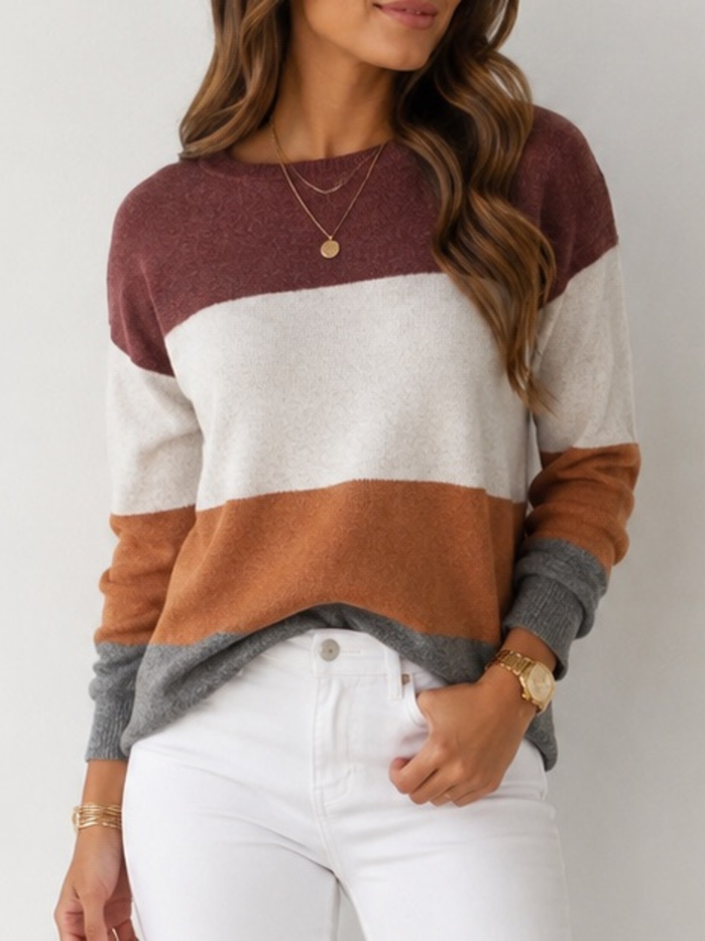 Women's Pinque Colorblock Crewneck Sweater - Rust, Cream & Gray